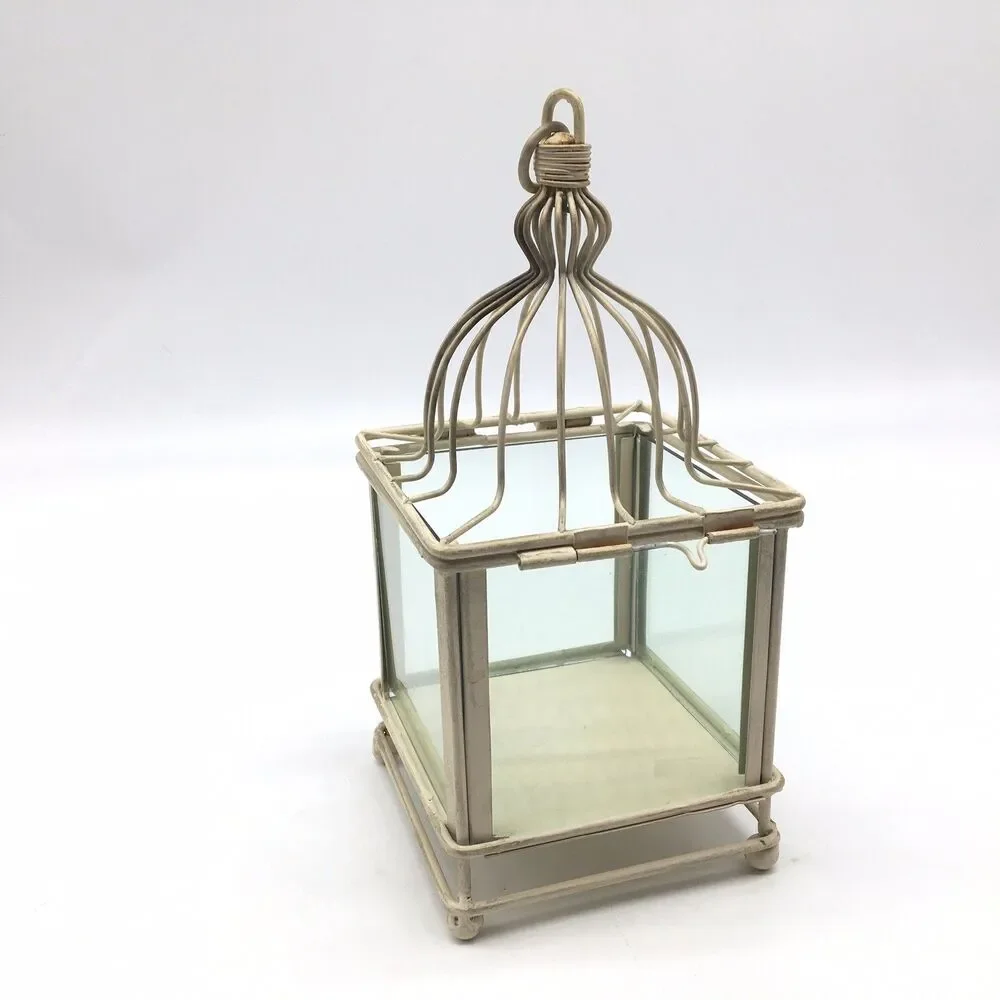 Creamy White Metal Glass Lantern Farmhouse Shabby Chic Candle Holders Terrarium
